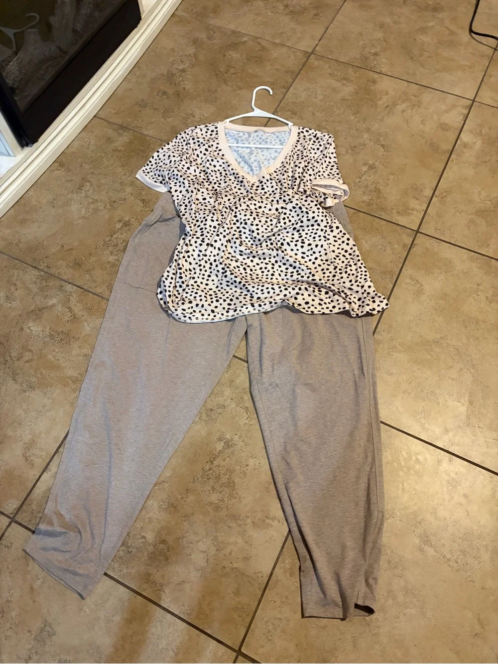 Women’s Two-Piece Gray and White Polka Dot Pajama Set